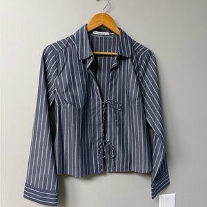 Abercrombie & Fitch Navy and White Striped Tie-Front Button Shirt
